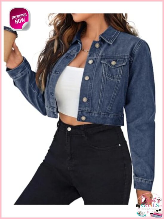 Jackets & Blazers - Women's 100% Cotton Button Down Cropped Denim Jean Jacket with Pockets